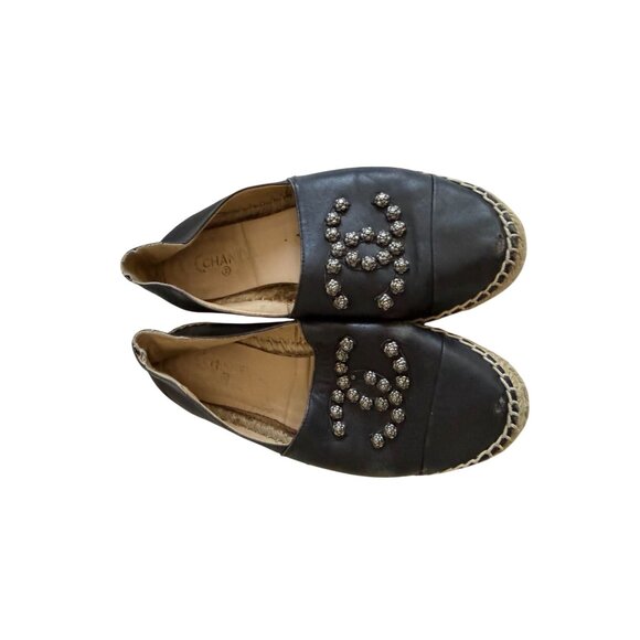 CHANEL Black Lambskin Interlocking Logo Espadrilles Flats Size 40 / US 10 - Picture 9 of 12